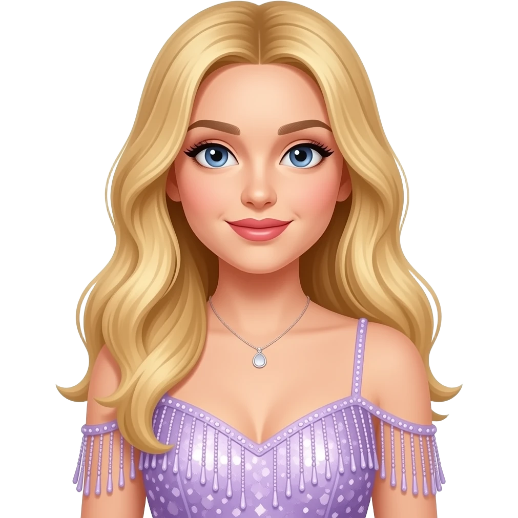 Sabrina carpenter blonde hair performing in a light purple sparkly dress with long strings emoji