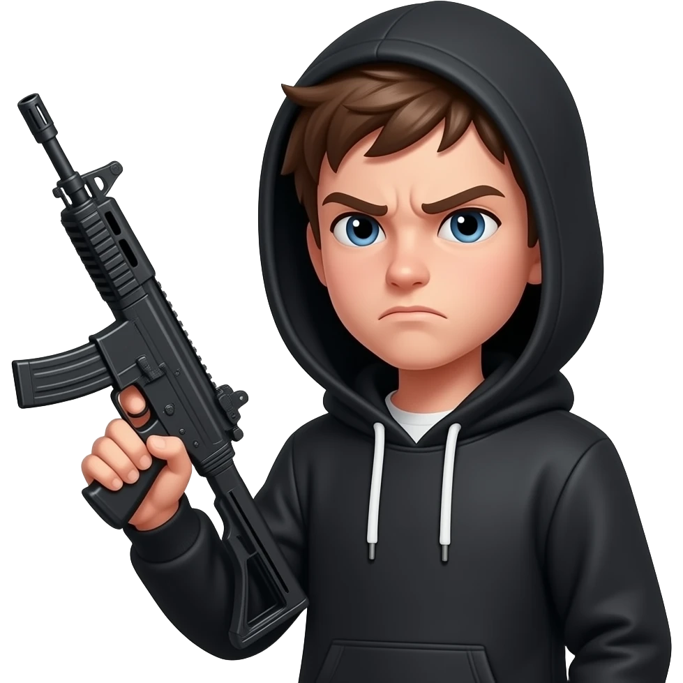 17 year old frowning teenager with black hoodie and hood over head and uzi in hand, and school beside him emoji