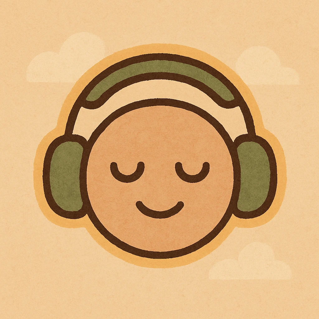JOMO (joy of missing out) as a minimalist icon, showing a content face with headphones and a soft glow, flat warm colors style emoji