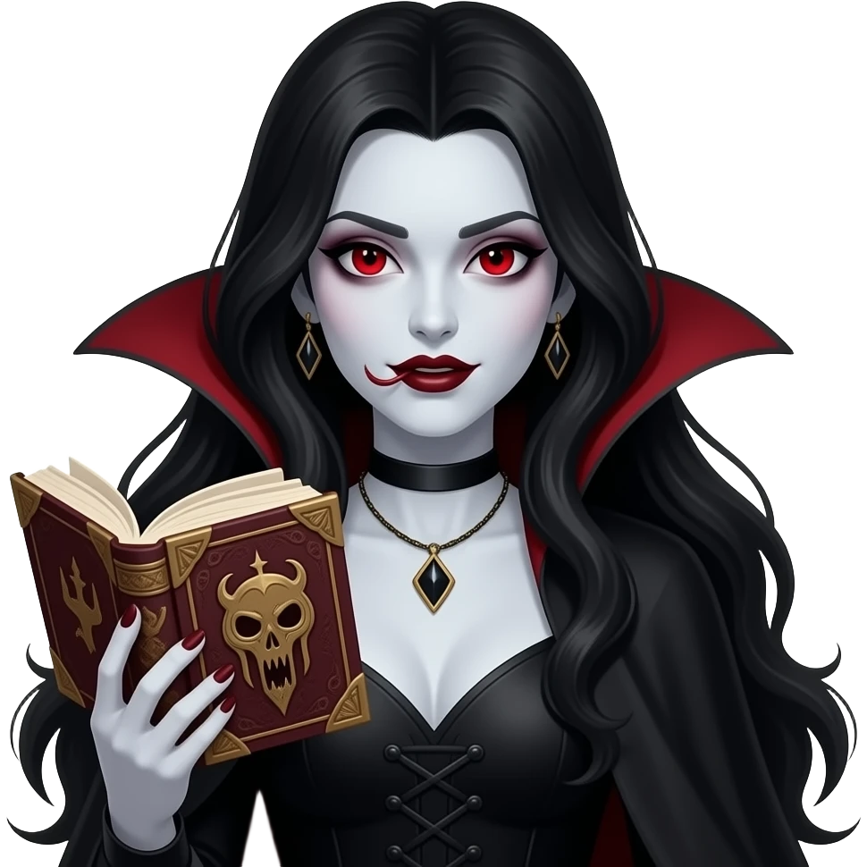black hair women Vampire with evil book in hand emoji
