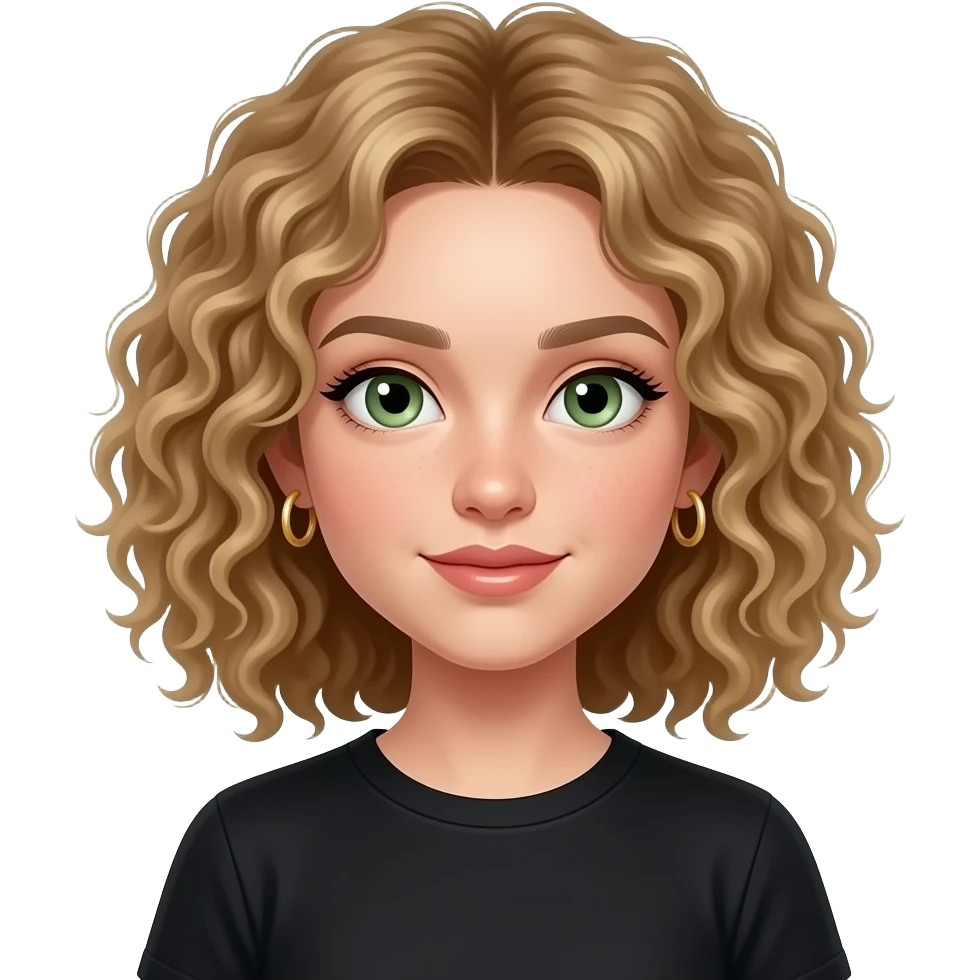 Create a fair girl with super curly hair and sage green eyes and curly dirty blonde hair, and give her gold small hoop earrings, curlier hair, and give her some lip gloss, and give her a black t shirt emoji