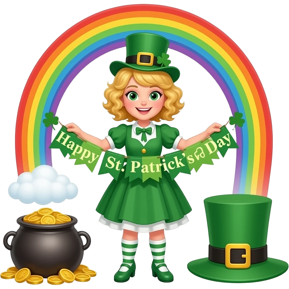 blonde tight curly hair in a short bob with Happy St. Patrick's day banner in an St. Patrick's outfit with rainbow and a pot of gold emoji