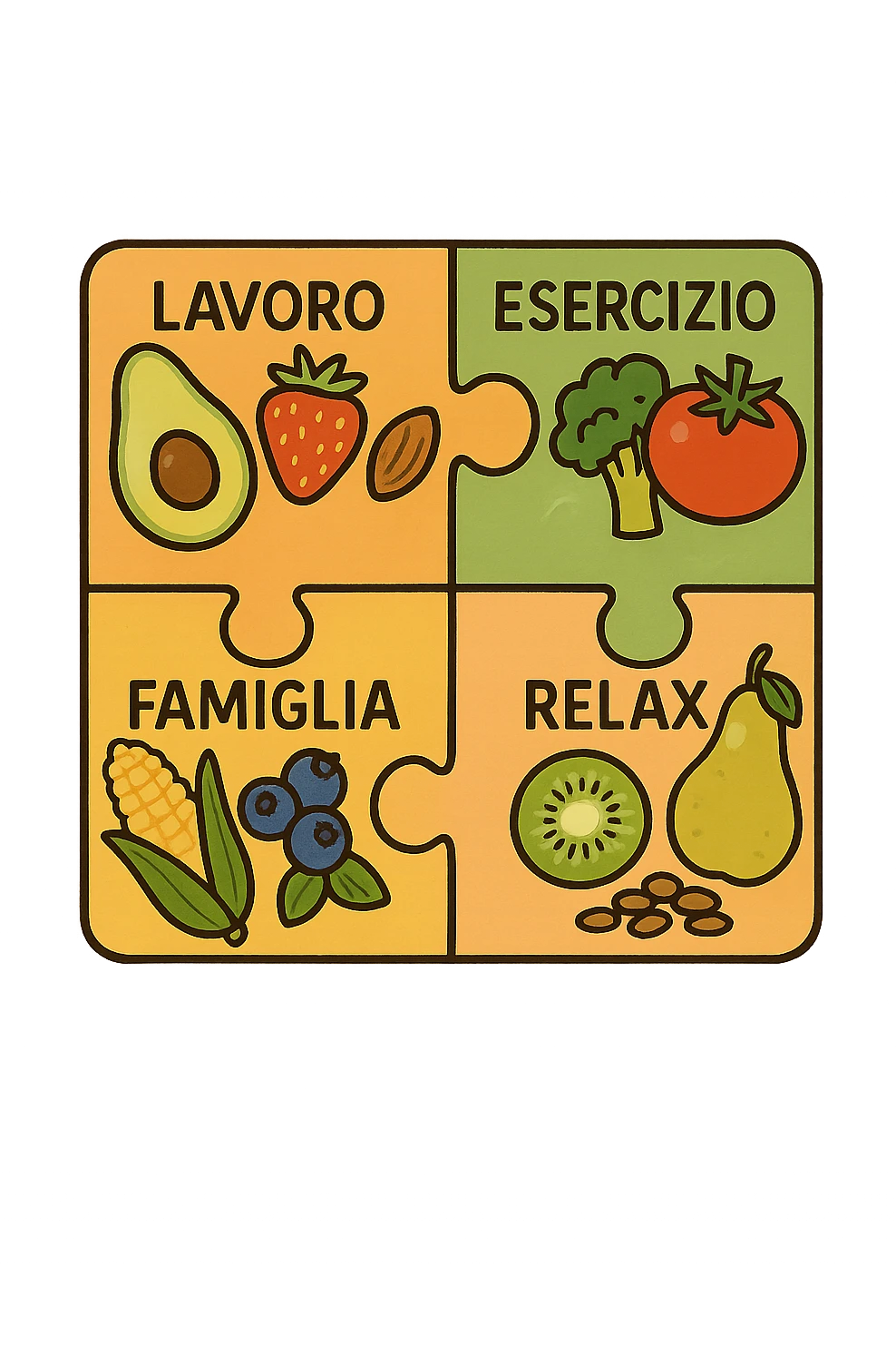 Puzzle (Lavoro, Esercizio, Famiglia, Relax), and healthy foods are integrated into each piece. in italiano emoji