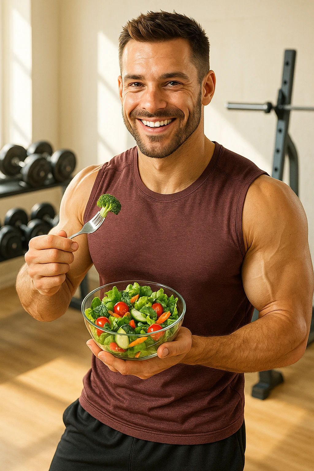 "Un uomo bodybuilder (30-35 anni) che migliora la sua composizione corporea e mangia sano emoji