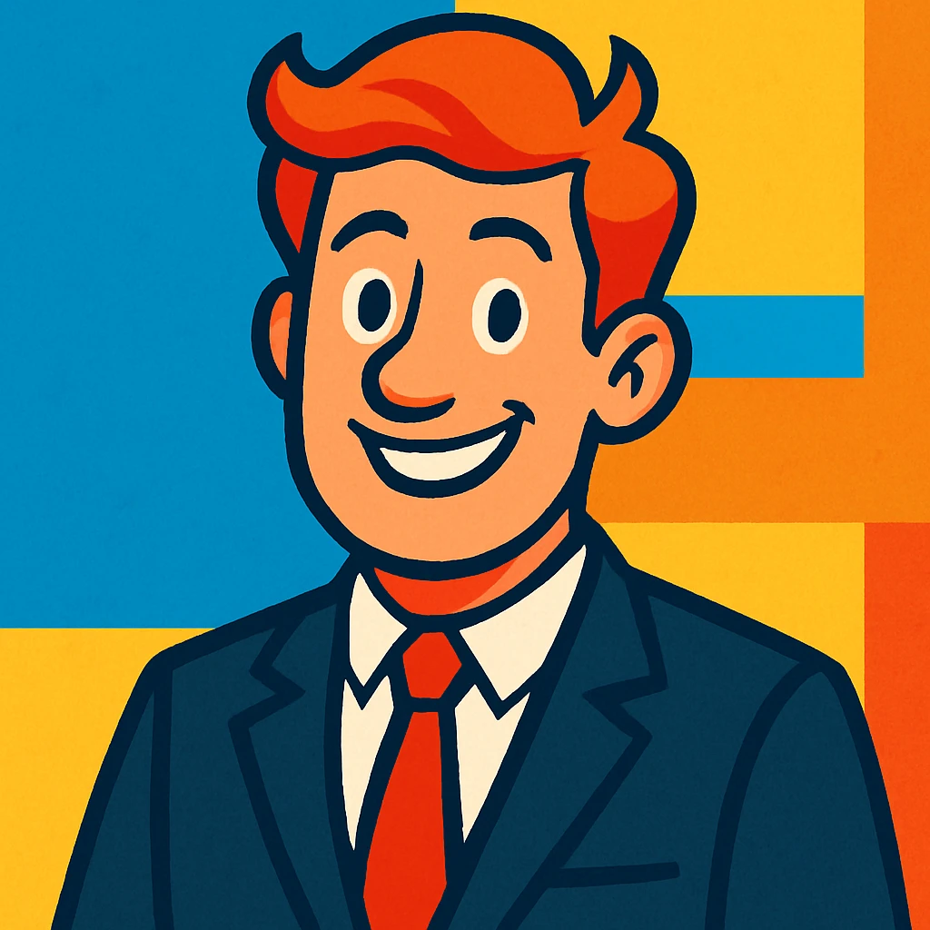 red-haired man in a black suit with a red tie, smiling at the camera, vibrant toon style emoji