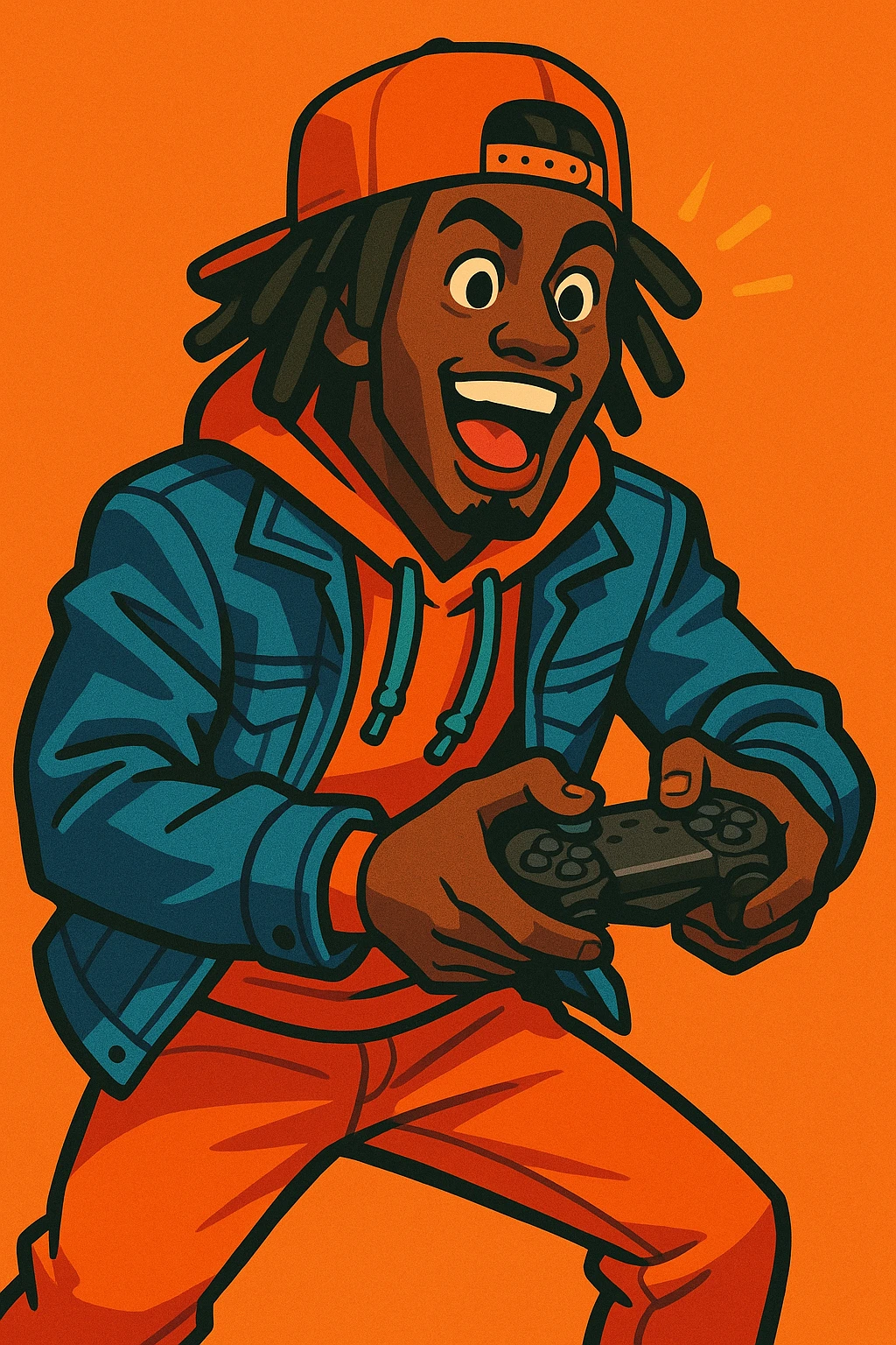 Kai Cenat, excited expression, holding a gaming controller, urban fashion, dynamic pose, vibrant toon style emoji