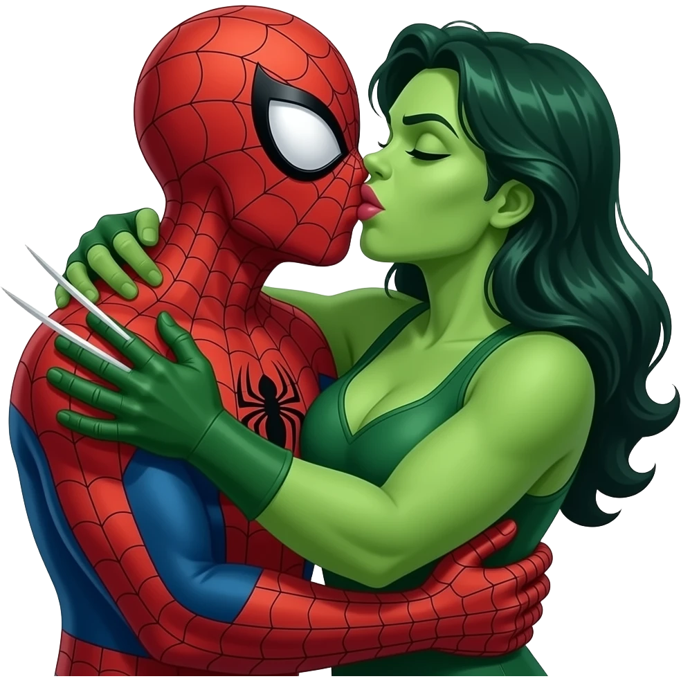 Spider man and hulk woman kiss kiss creepy. another character appears in scene he is  wolverine hugging both emoji