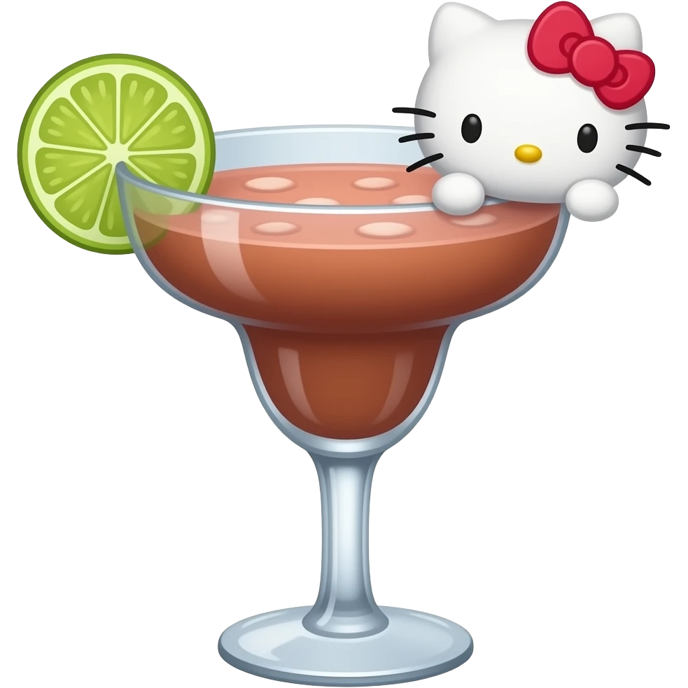 tanned hello kitty the sanrio character themed brown and pink colored cocktail in margarita glass with actual illustration of tanned kitty as a garnish emoji
