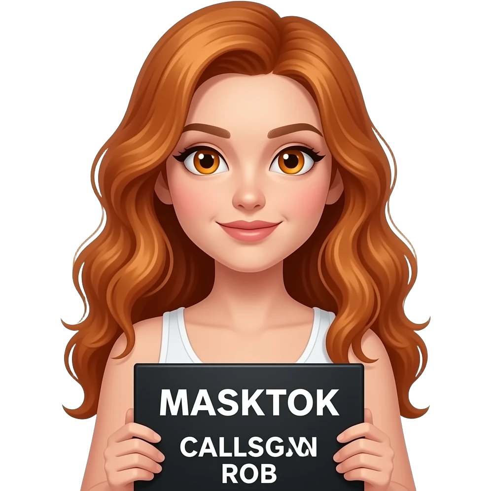 sexy girl with long wavy ginger hair and ginger eyes wearing a white tanktop is holding a black colored sign with MASKTOK CALLSIGN ROB written on it emoji