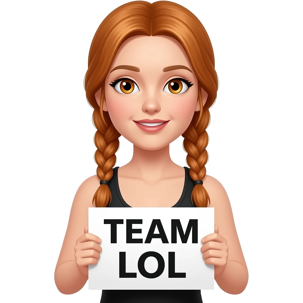 sexy girl with long ginger braids and ginger eyes wearing a black tanktop is holding a white sign with TEAM LOL written on it emoji