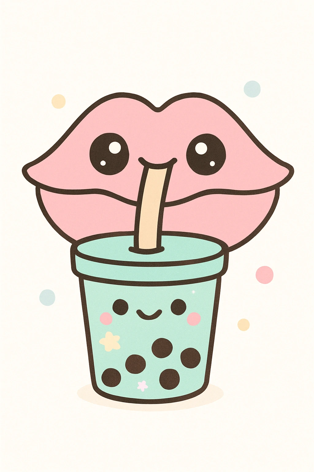 kawaii style pink lips sipping bubble tea, looking silly emoji