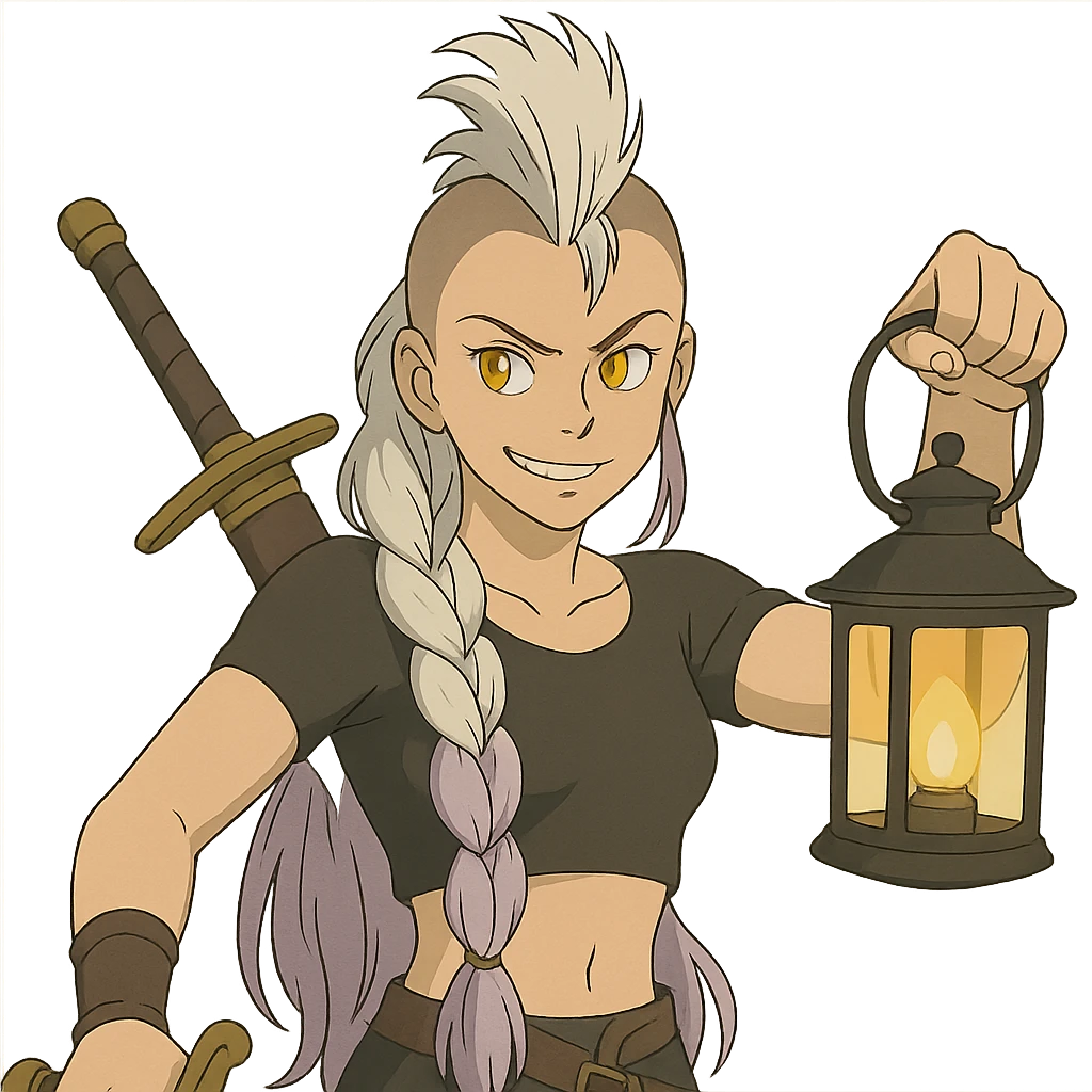 A sword maiden, mohawk, long braid white hair with lavender and tips long l locks cascading to the front, gold yellow eyes, black crop top, brandishing a lantern. Mischievous smirk emoji
