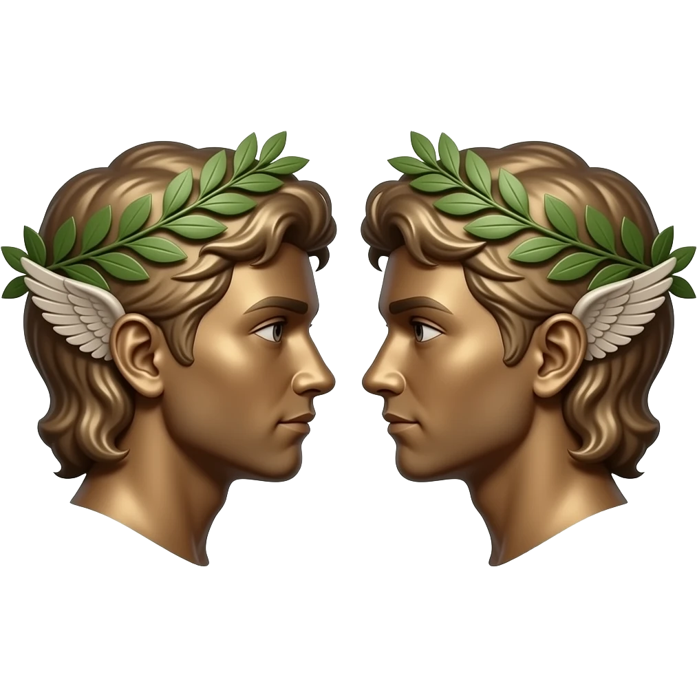 twins, two bronze faces in profile in a parallel composition, they have small wings instead of ears and a laurel wreath around their heads emoji