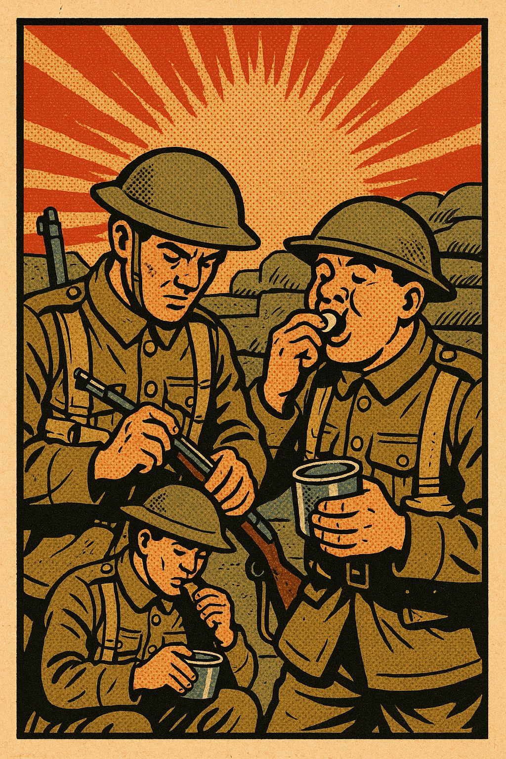 British soldiers in the First World War checking their equipment and eating their rations emoji