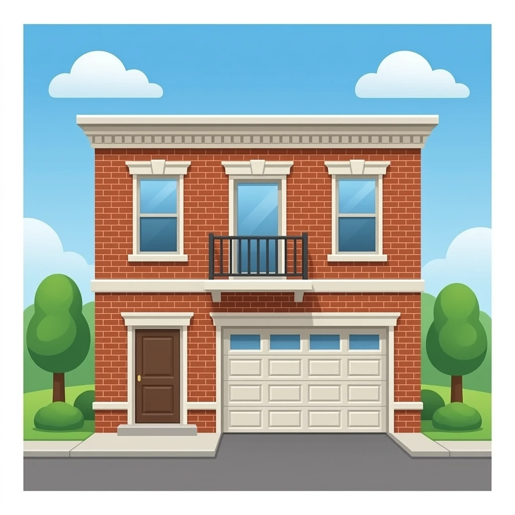 A square, two-story building; the upper floor features a balcony, while the lower floor has a garage. emoji