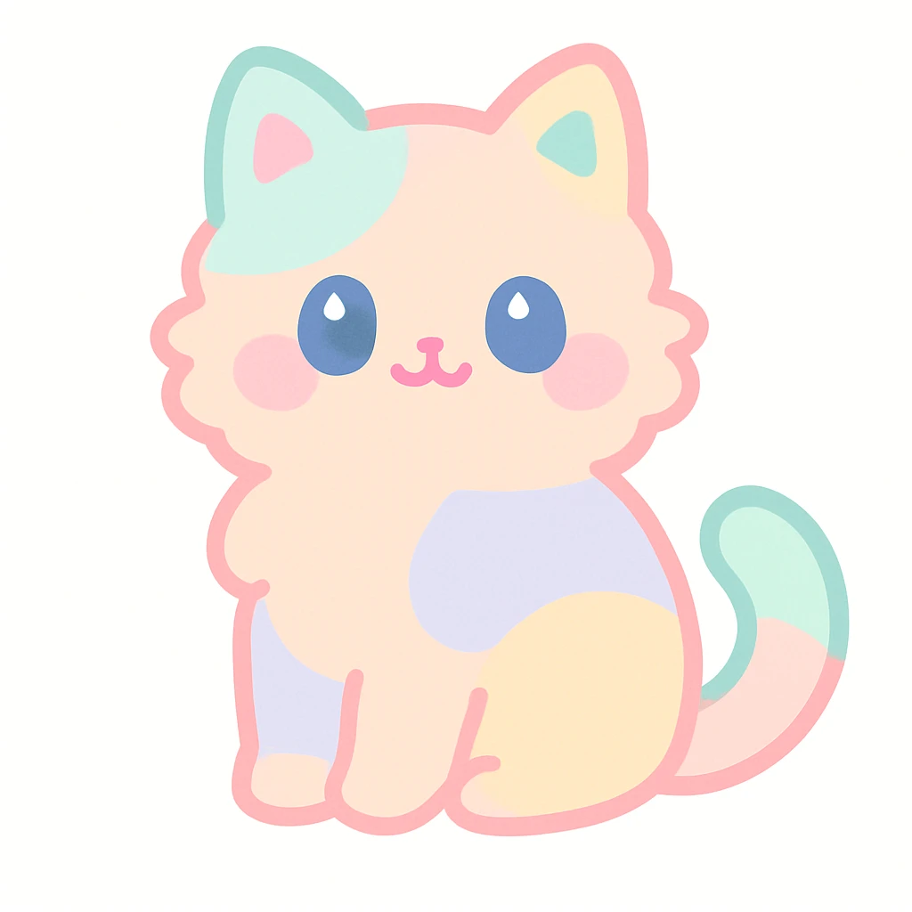 a cute cat, fluffy fur, sitting with a curled tail, soft colors emoji