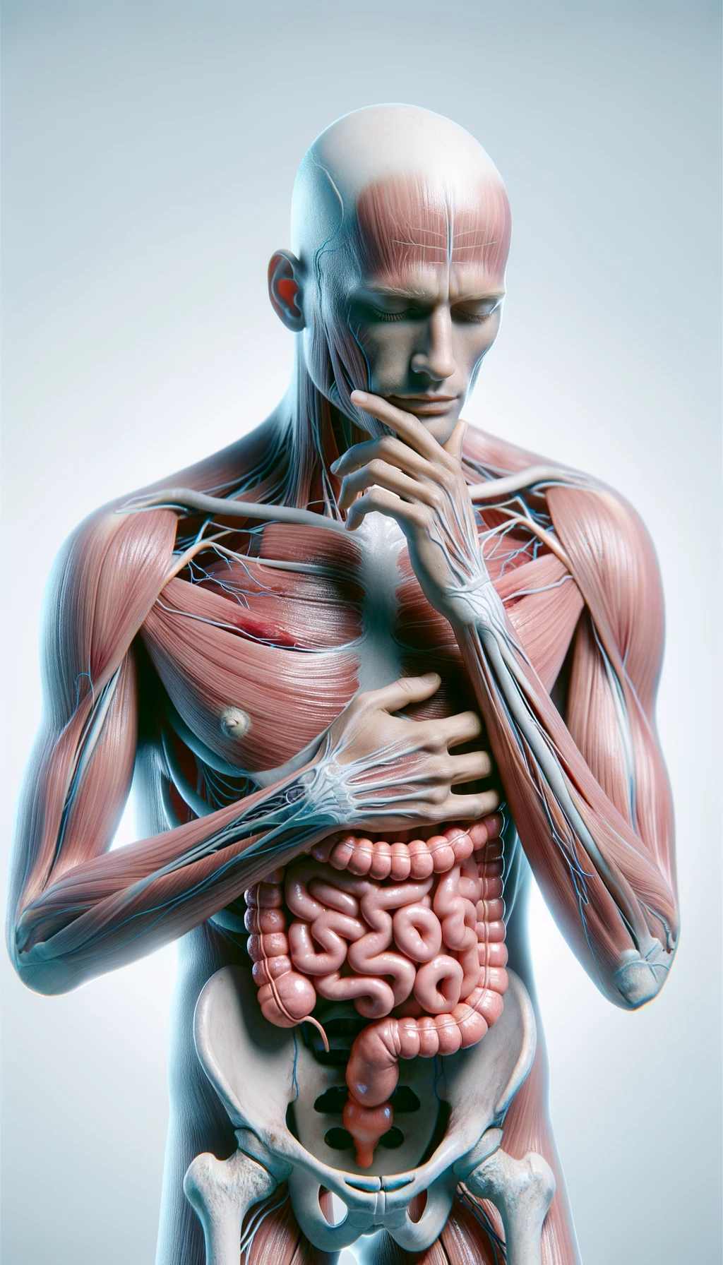 corpo umano anatomico che si tocca l'intestino con gli occhi chiusi, sfondo chiaro, iperrealistica 4k emoji