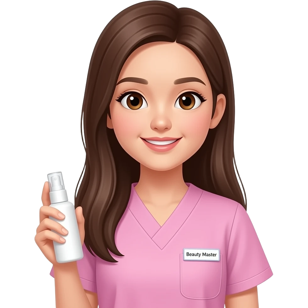 IOS emoji: asian, pretty girl with long brown straight hair in pastel pink scrubs, slight smile, brown eyes, holding middle white spray bottle without arts, name tag "Beauty Master". Pastel colors, clean vector, white background --ar 1:1 emoji