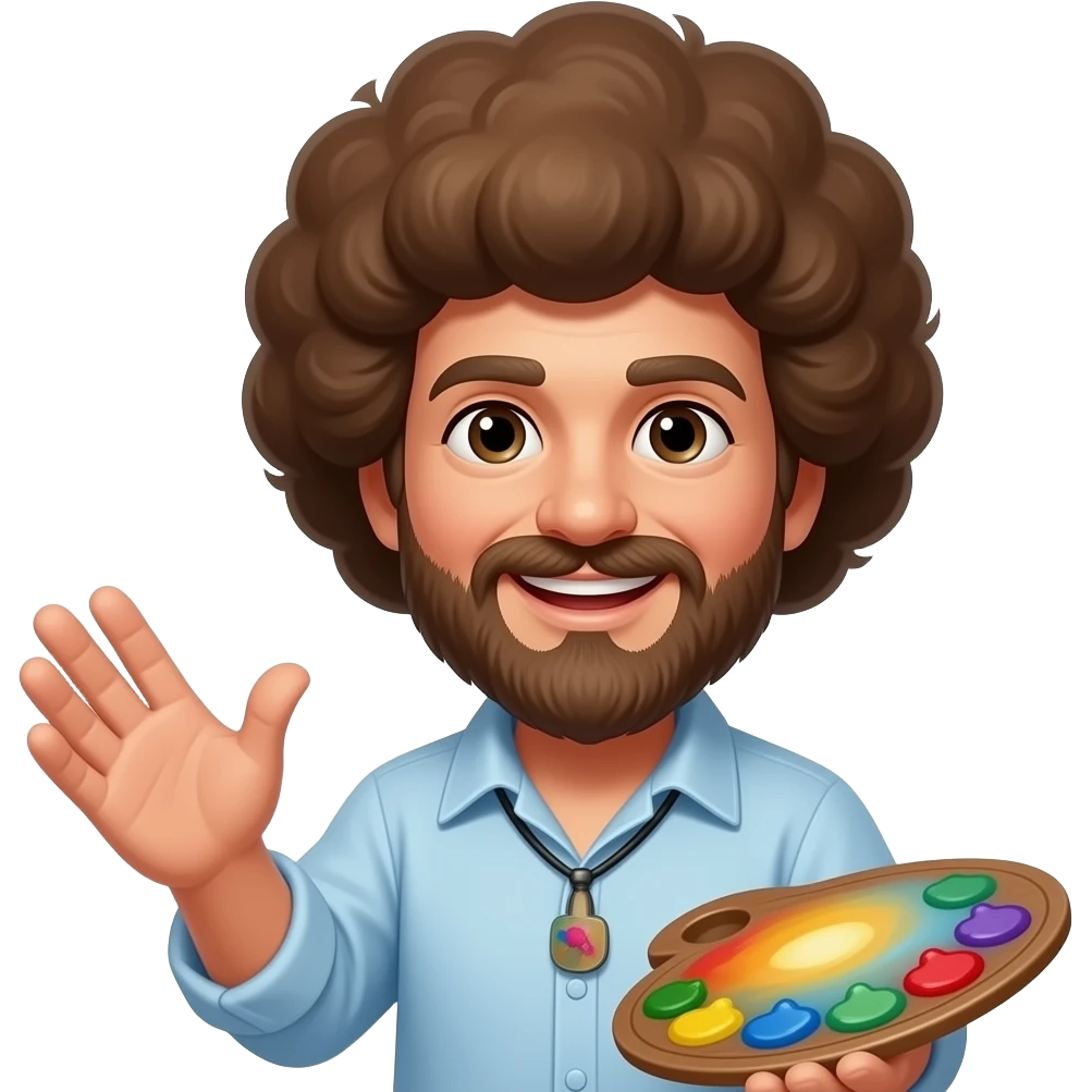 bob ross painting and saying that somewhere here there is a signoff emoji