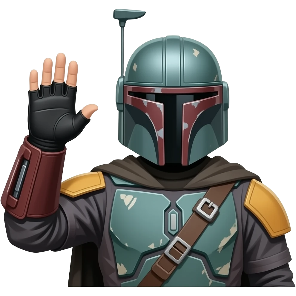 mandalorian     Use classic mandalorian from last images, put a fingerless glove on the hand, Put a flat palm and spread fingers on the forehead in a palm to forehead gesture.  Use Palm to Face gesture. emoji