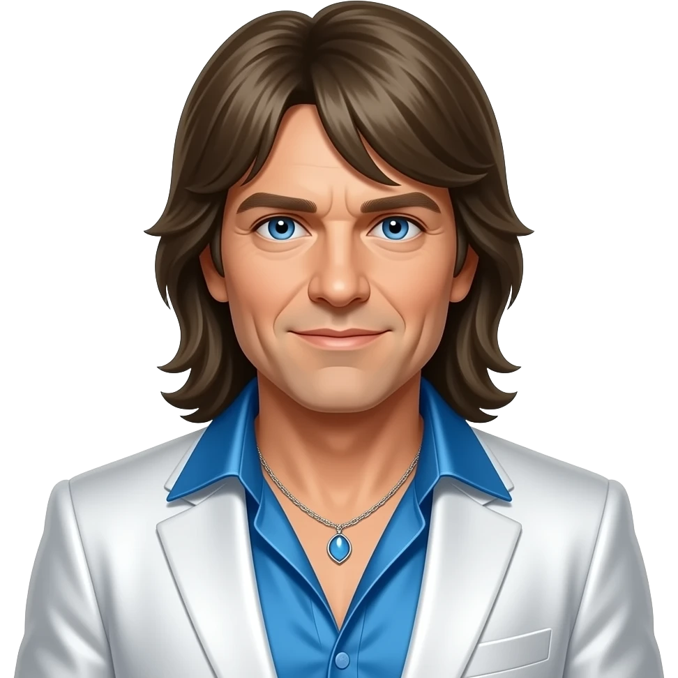 Benny Andersson from ABBA with blue eyes, long dark blonde hair, blue metallic open shirt, white metallic suit jacket, necklace emoji
