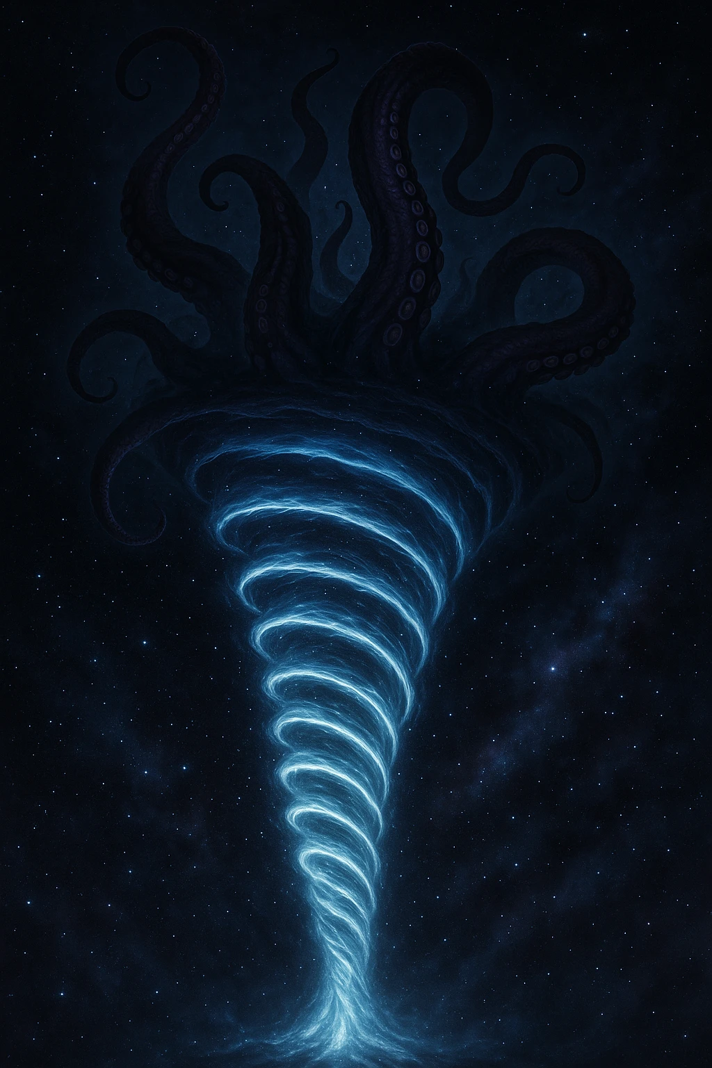 A space-time rift in the form of a tornado, with luminous spirals and monstrous tentacles of an eldritch god emerging from the upper opening, mysterious and ominous, starry background emoji