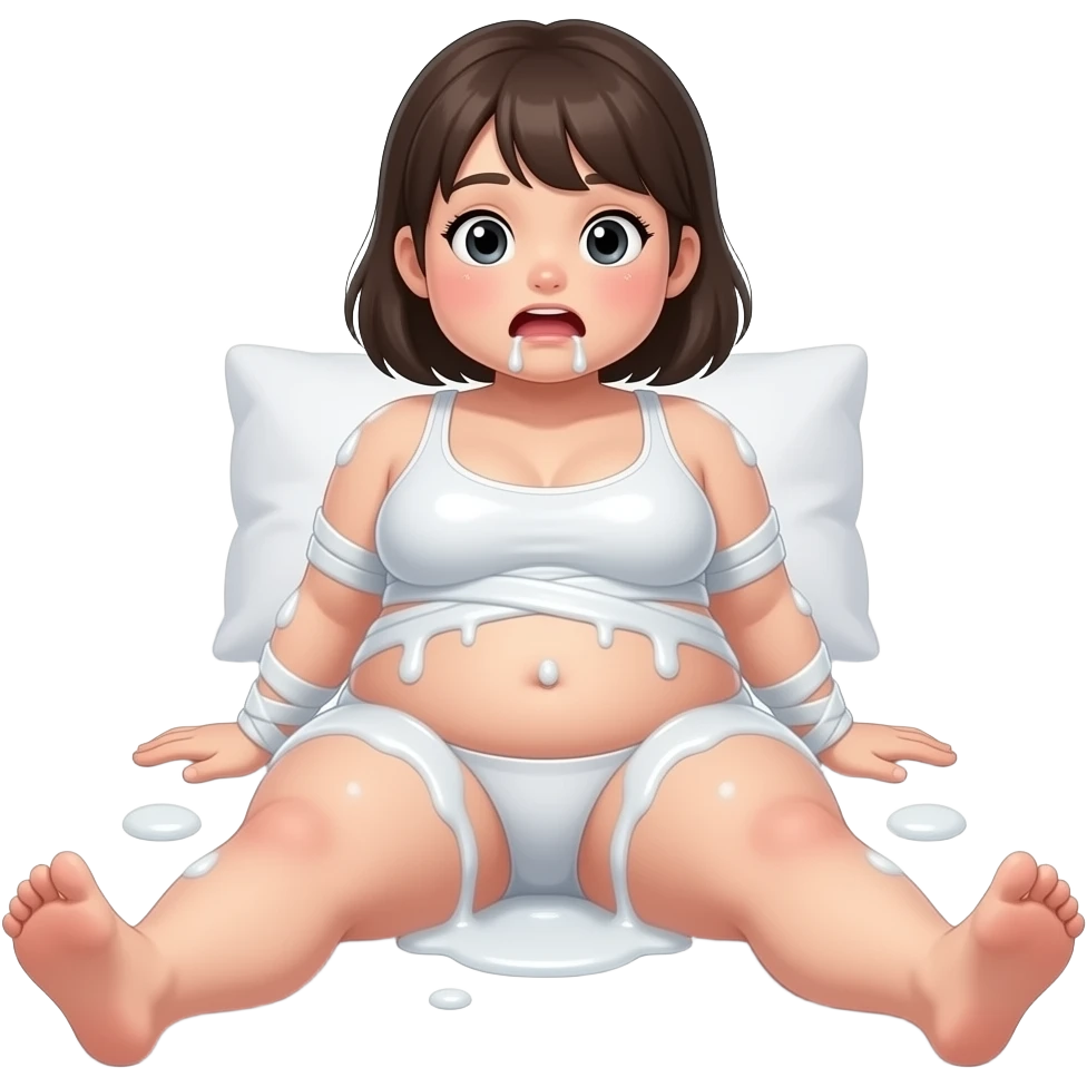 30 year old girl chubby, thick white liquid all over, bound body, ,(((spread your legs))), cute face, petite body, drooling out of mouth, on bed, , not wearing clothes and butt in the air emoji