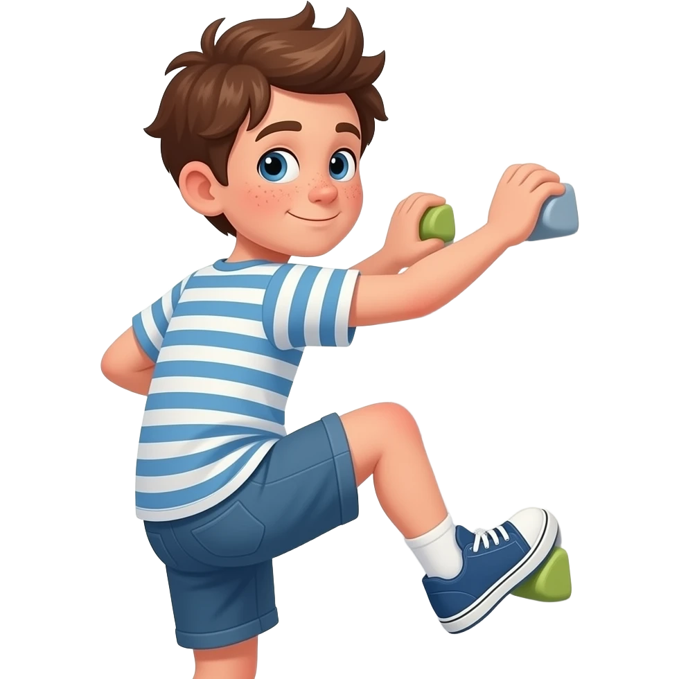 Hazme un chico con pelo rebelde castaño, ojos azules y unas pecas. que este escalando una pared, por ultimo que este de espaldas emoji