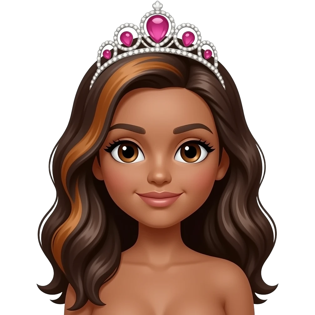 pink tiara, Dark brown eyebrows,Dark brown skin, Doll shaped face, doll eyes, wavy with side part longer straightened dark brown hair with auburn highlights, big breast no bra emoji