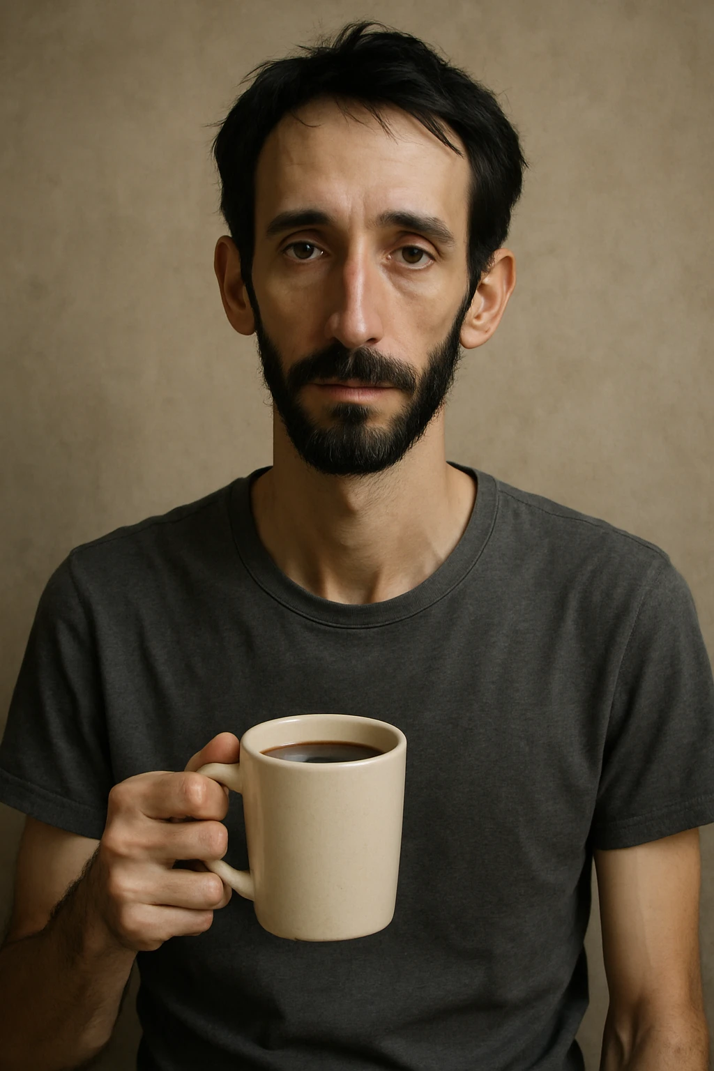 A thin guy with black hair, a long face, black beard, not too thick and long, holding a mug of coffee emoji