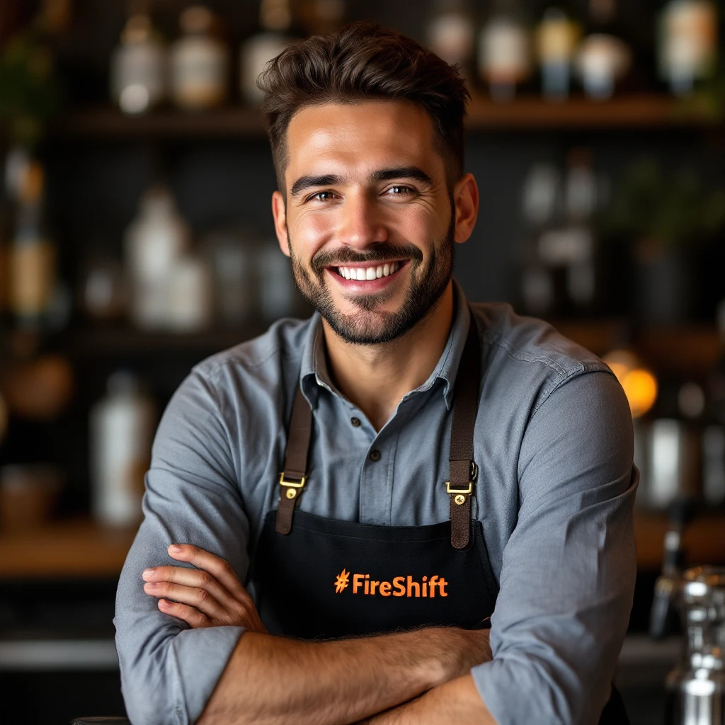 photo d'une barman souriante, tunique "FireShift", professionnelle emoji