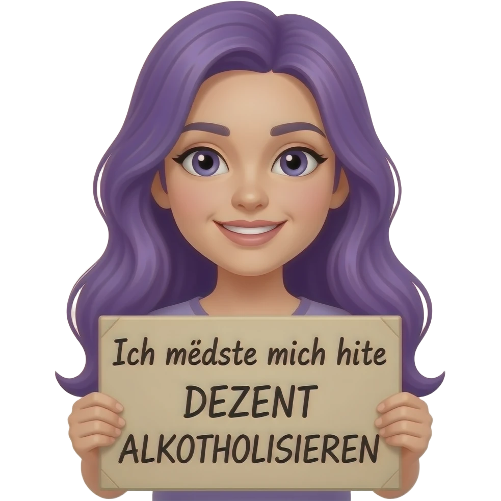 girl with long purple hair holding a Ich möchte mich heute DEZENT ALKOHOLISIEREN sign emoji