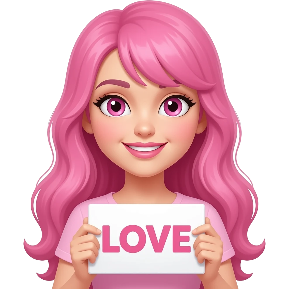 sexy girl with long pink hair and pink eyes holding LOVE sign emoji