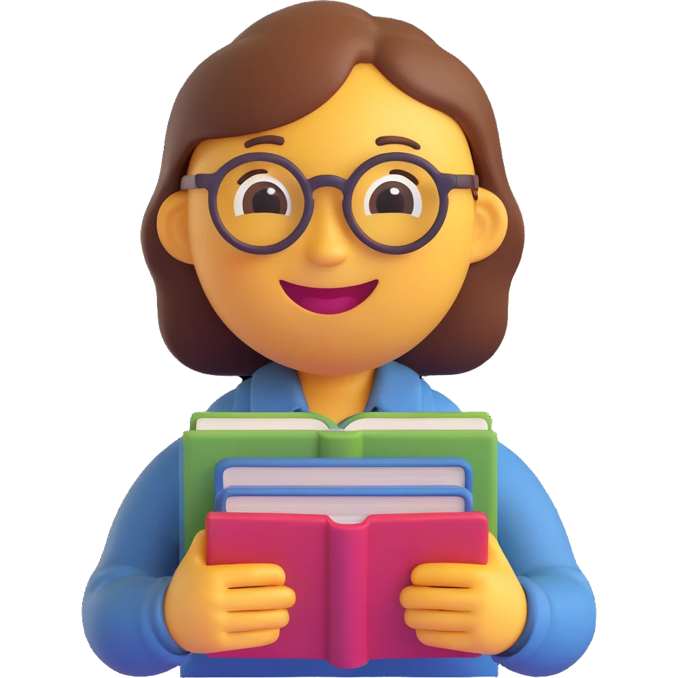 3D smiley emoji, circular shape, wearing teacher glasses, holding a book, with a funny and kind facial expression, transparent background emoji