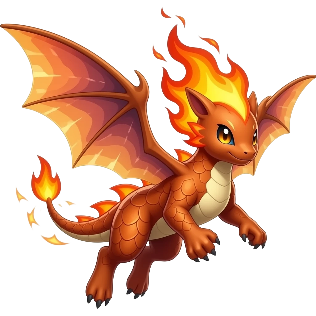 Elemental fire-flying-type magical colorful exotic animesque Pokémon-Fakémon emoji