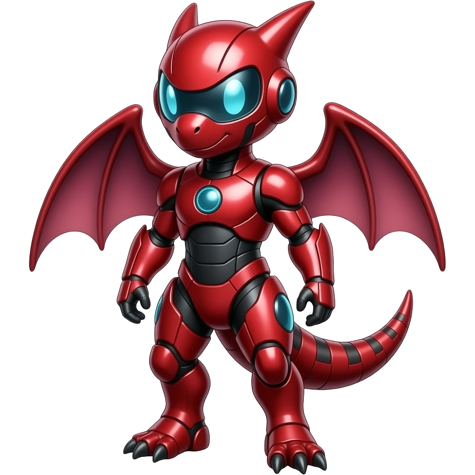 a shiny red Genesect-Flygon-Raptor-Fakémon—hybrid with a futuristic visor-helmet full body emoji