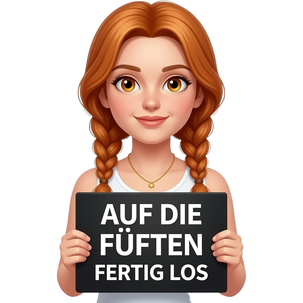 sexy girl with long ginger braids and ginger eyes wearing a white tanktop is holding a black sign with AUF DIE HÜFTEN FERTIG LOS written on it emoji