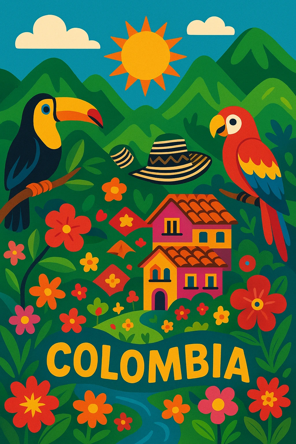 vibrant, magical scene representing Colombia with colorful landscapes, tropical birds, and folkloric elements, whimsical enchanting style emoji