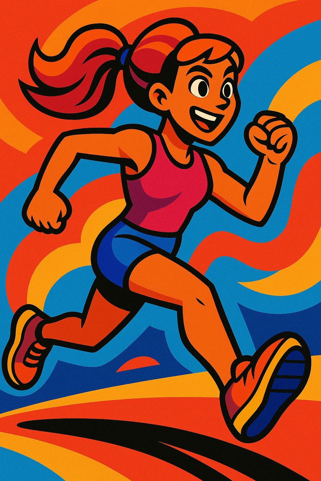 female athlete running, dynamic pose, vibrant cartoon style, energetic and colorful emoji
