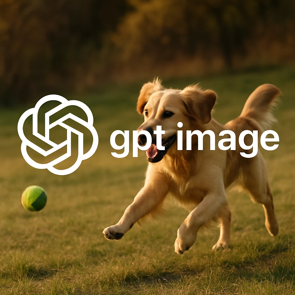  logo of chat gpt with text "gpt image" on the background of a dog chasing ball, realistic image emoji