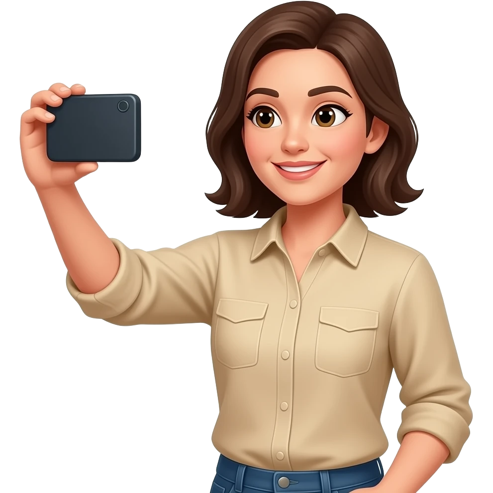 a woman with beige shirt taking a video content emoji