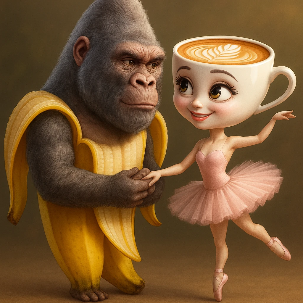 Combine the gorilla-banana character and the coffee-cup ballerina character as a couple in a new, stylish pose. Make them look affectionate and playful, keeping their original styles and colors. Place them together in a creative, dynamic pose that shows their connection as a couple, preserving the distinct features and colors of both characters. emoji