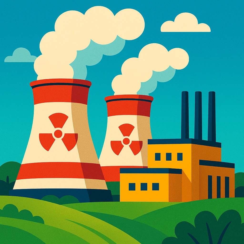 stylized illustration of a nuclear power plant with cooling towers, green landscape, clean energy, minimal background emoji