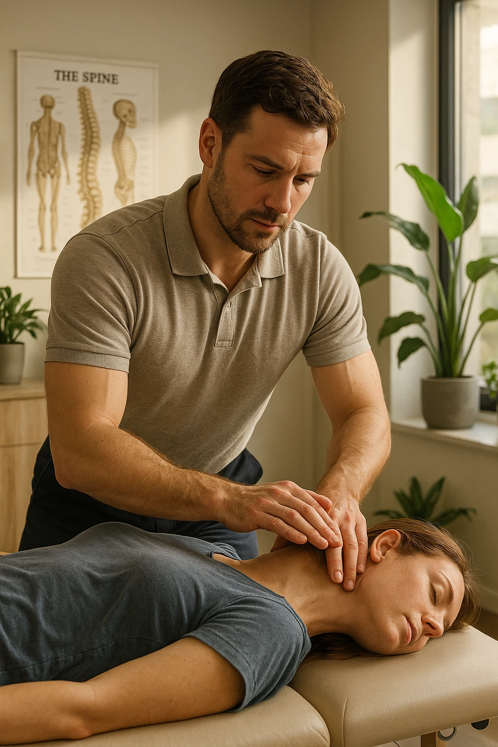 A realistic, cinematic illustration of a professional osteopath in his late 30s, wearing a fitted polo shirt in a neutral color, performing gentle manual manipulations on a patient to improve posture. The osteopath uses precise hand placement along the patient's upper back and cervical spine while the patient lies on a comfortable treatment table in a bright, modern clinic. Anatomical posters showing the spine and posture alignment are on the wall, and the room has warm, natural lighting with plants for a calming atmosphere. The scene emphasizes hands-on osteopathic care to restore body alignment, spinal mobility, and posture, showcasing trust, professionalism, and holistic care emoji