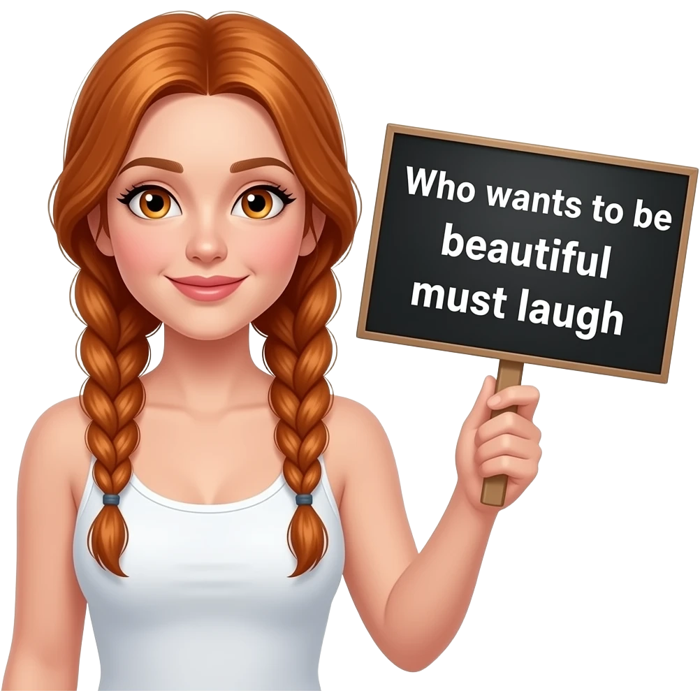 sexy girl with long ginger braids and ginger eyes wearing a white tanktop is holding a black sign with Wer SCHÖN SEIN will muss LACHEN written on it emoji