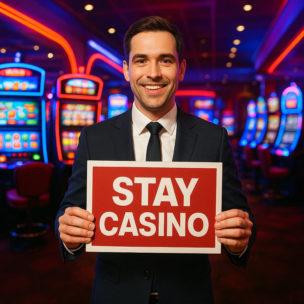 A man in a suit, holding a 'Stay Casino' sign, casino background with slot machines and neon lights. emoji