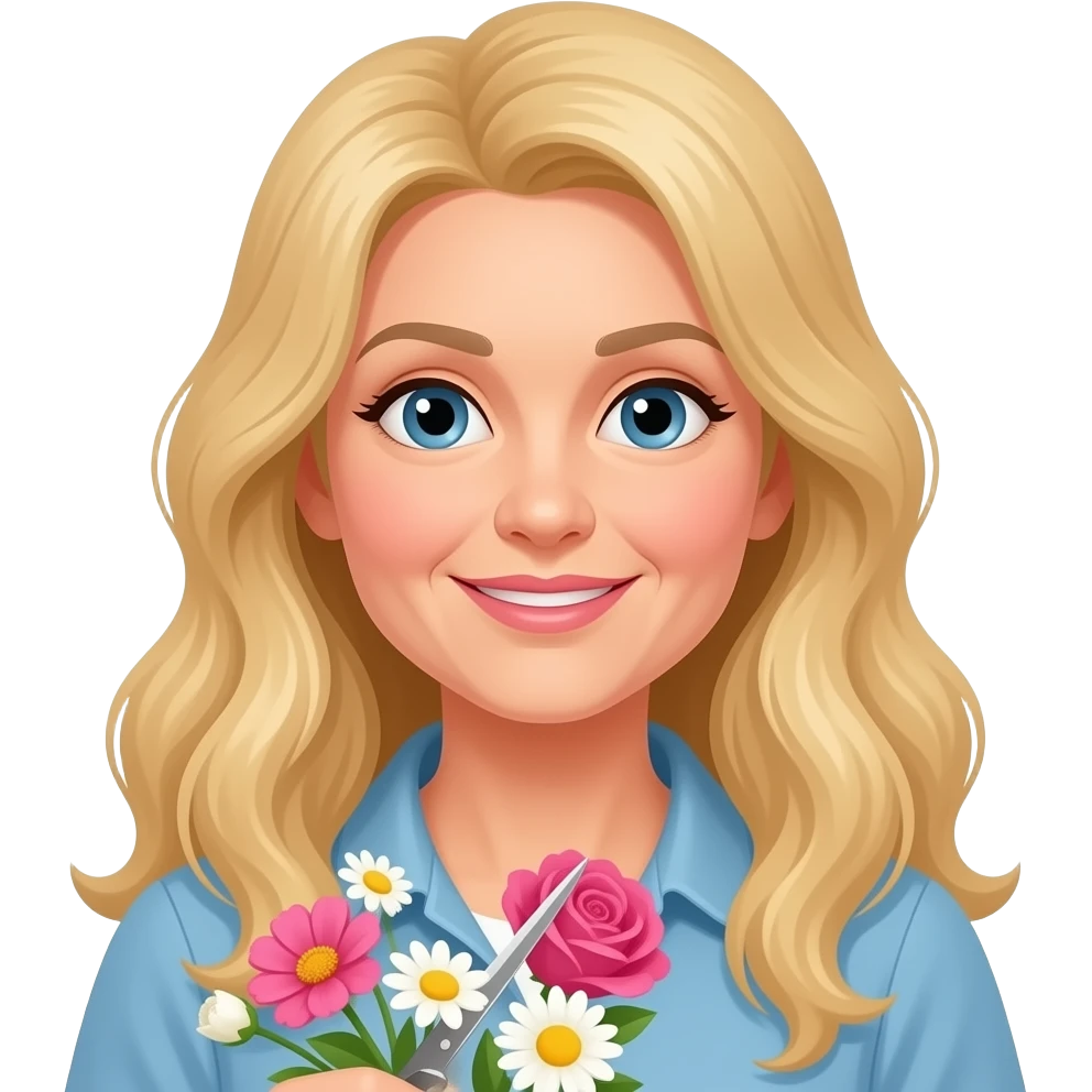 50 year old long blonde hair cutting flowers emoji
