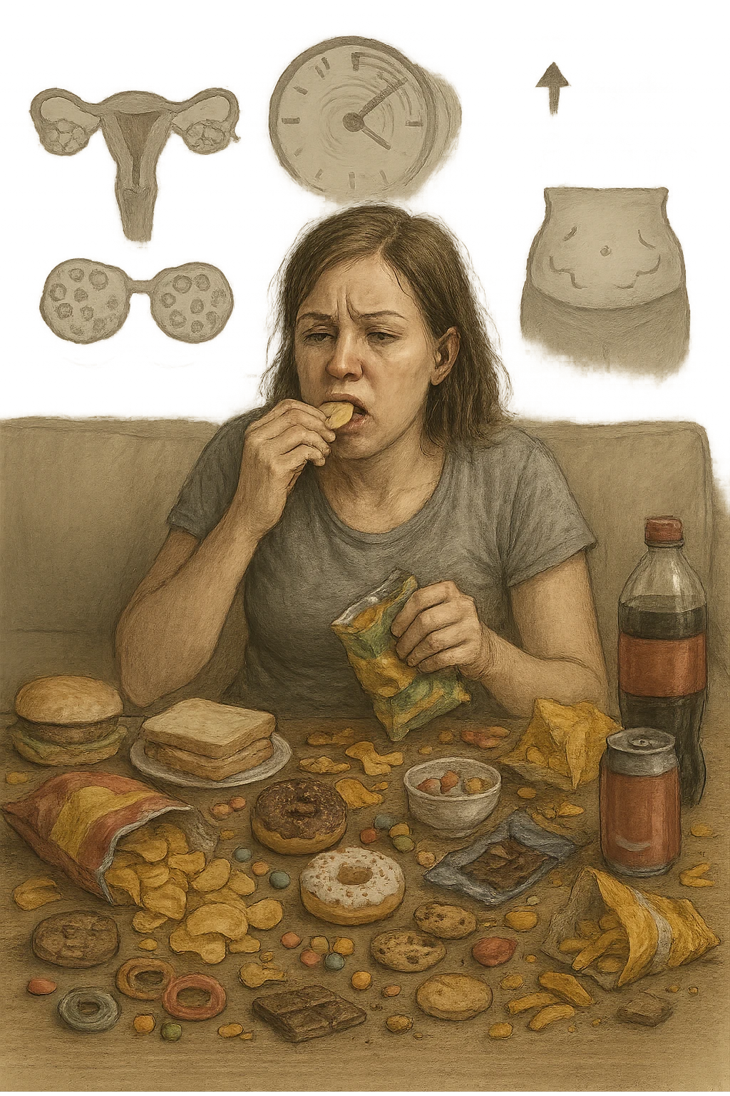 Donna tra i 25 e i 35 anni seduta sul divano o a un tavolo disordinato, circondata da cibi sparsi e poco sani: patatine, dolci, pane bianco, snack confezionati, bibite. Mangiando di fretta, ha un’espressione stanca e frustrata. Intorno a lei, in trasparenza o come illustrazione simbolica, si vedono gli effetti della PCOS peggiorata: ovaie con cisti multiple, squilibrio ormonale (↑ insulina, ↑ androgeni), gonfiore addominale. Sullo sfondo, orologio che corre o caos visivo che comunica disorganizzazione alimentare. Colori spenti e atmosfera stanca. Stile realistico con elementi simbolici e informativi. emoji