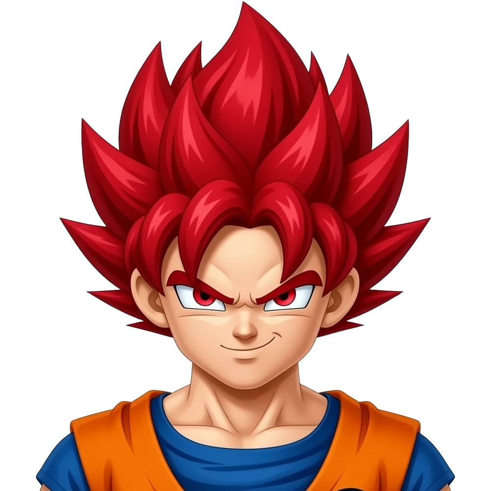 Goku super saiyan god with red hair and red eyes   and a calm look emoji