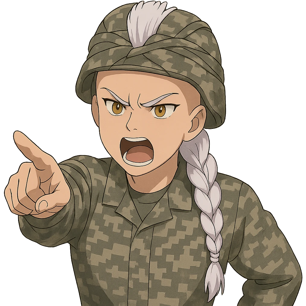 Style of Anime, 1 female, gold yellow eyes, white hair lavender tips, locks in front, mohawk, long white braid, she is a drill sergeant at work, focused facial expression, shouting command, eyes looking down in front of her, pointing a blade hand gesture to the forward direction, uniform of gray large scale digital camo. her head is covered with a PAGS style wrapped ballistic helmet emoji